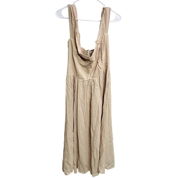 Reformation Ruched Bodice Smocked Beige Midi Dress Size 10 Minimalist Bridesmaid - Picture 2 of 5